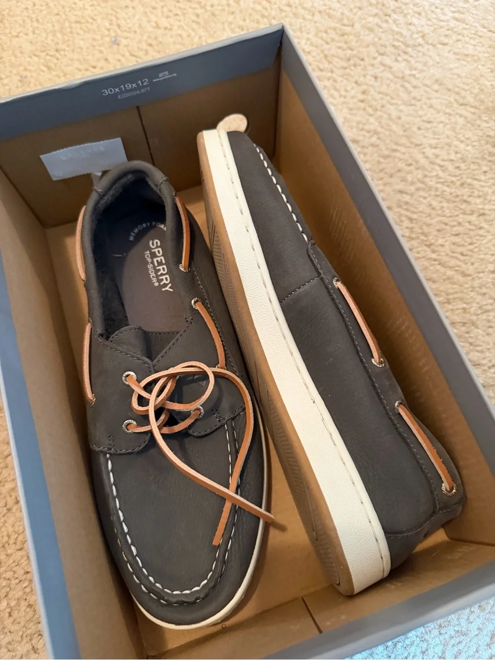 Sperry Dark Gray Leather Boat Shoes with Tan Laces